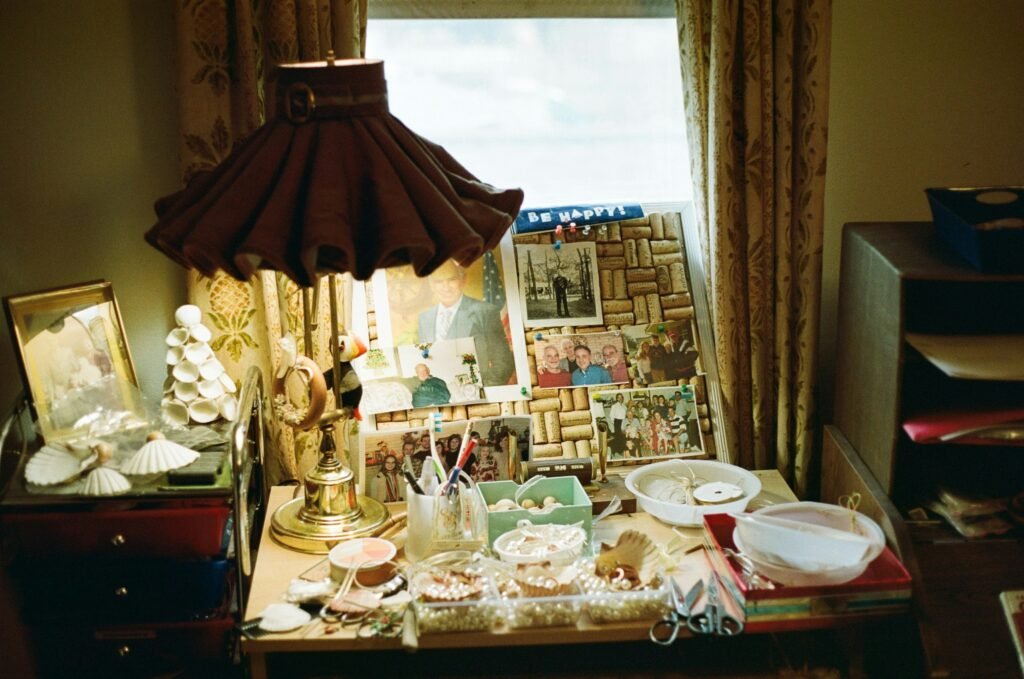 Cluttered desk with personal memorabilia