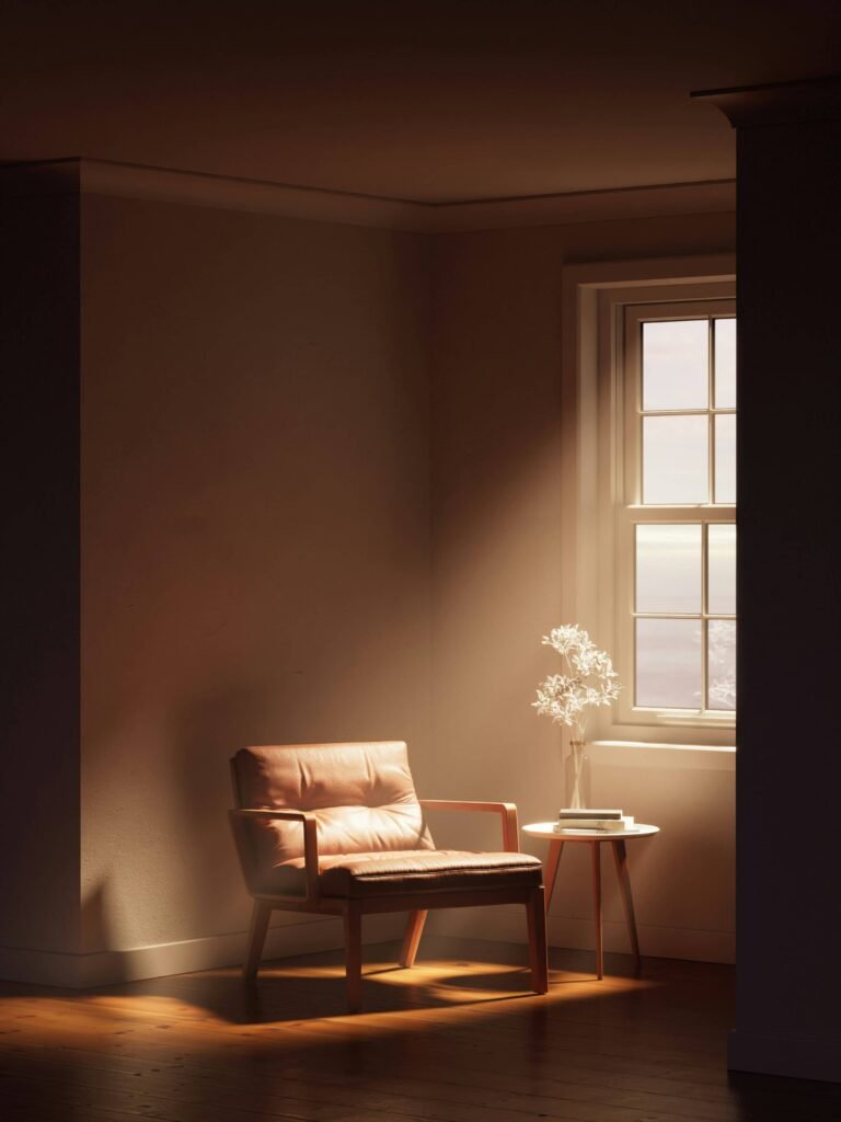 A cozy wooden chair with a cushioned seat sits beside a window. Soft, warm sunlight illuminates the room, casting gentle shadows and creating a serene ambiance.